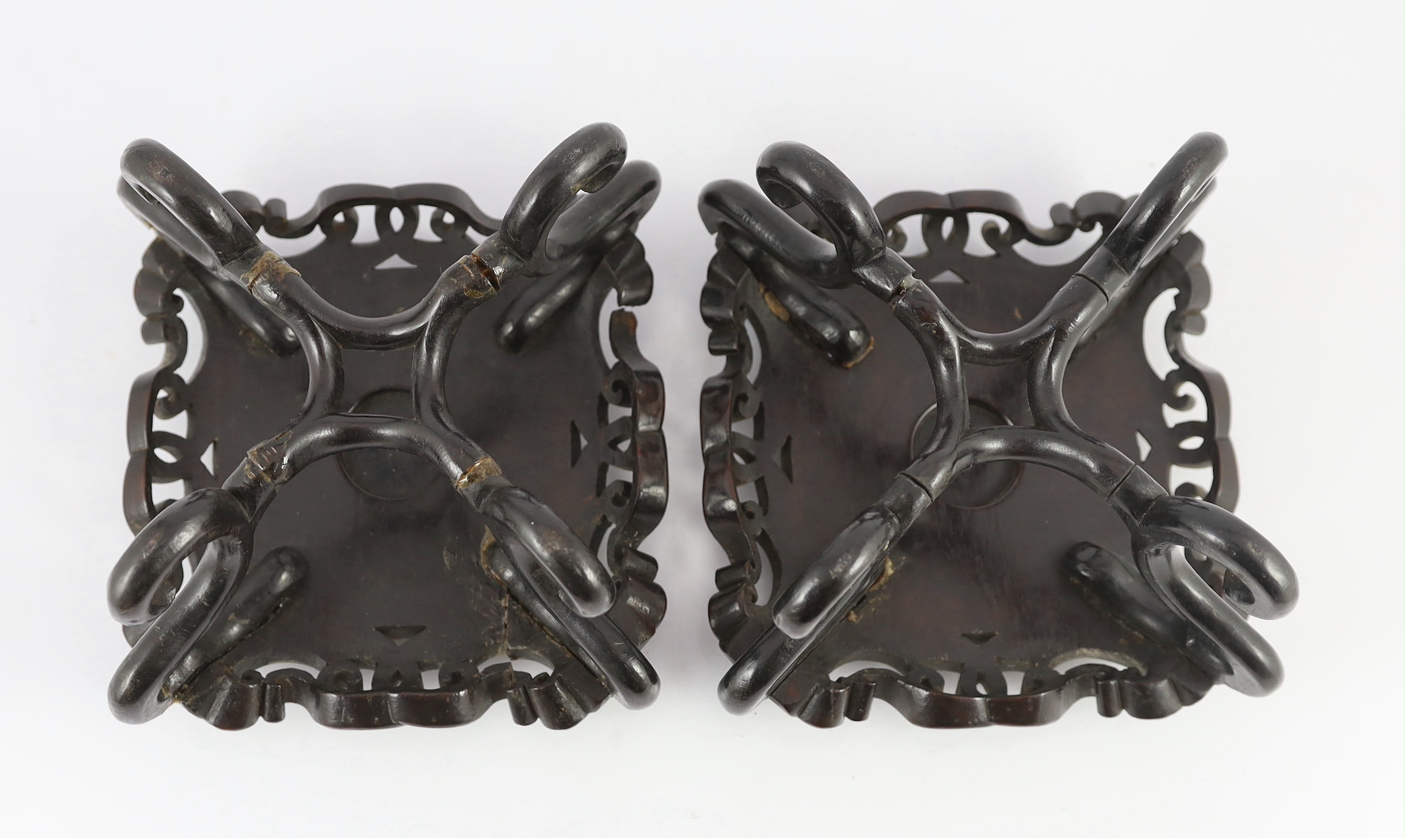 A pair of Chinese famille noire square bowls, late 19th century, one bowl broken and glued, both stands glued